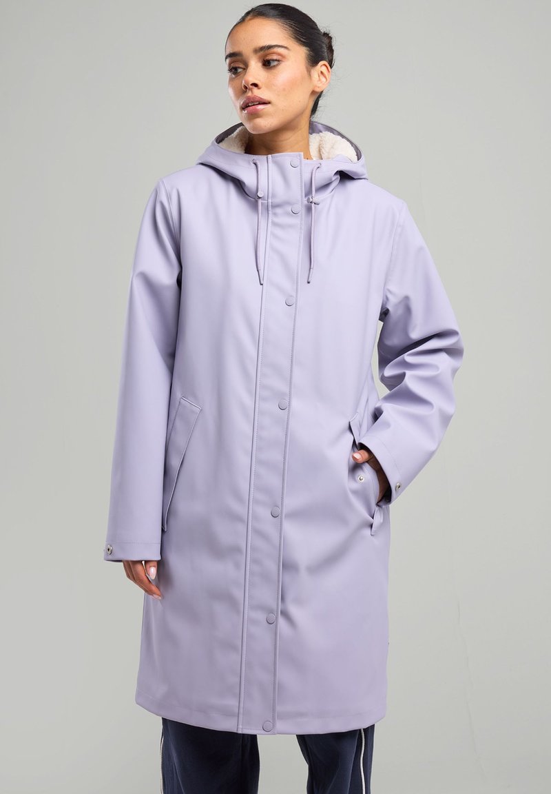 Lavender waterproof coat with a hood, featuring a soft inner lining, snap buttons, and side pockets. Smooth, sleek texture, knee-length design.