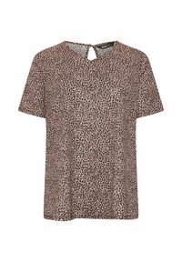 Blus med kort ärm i leopardmönster i beige och svart, med en nyckelhålsutskärning och mjukt, lätt tyg. Avslappnad passform och nerfallande axlar.