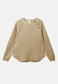 Maglia beige a maniche lunghe con texture geometrica, dotata di scollatura rotonda e due dettagli con bottoni sulla spalla.