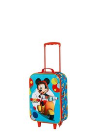 Hartschalenkoffer mit einem bunten Mickey-Mouse-Design, blauem Hintergrund, roten Akzenten, gelben Rädern und einem ausziehbaren Griff.