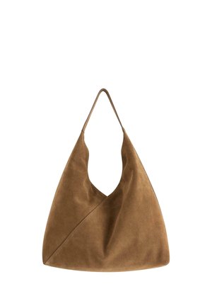 Ruskea mokkanahkainen suuri hobo-laukku, jossa on yksittäinen olkahihna ja pehmeä, rennon kolmionmuotoinen malli.