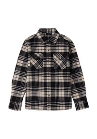 Camicia flanella a quadri in bianco e nero con due tasche sul petto, chiusura frontale con bottoni e colletto a punta; texture morbida e maniche lunghe.