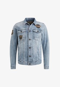 Light blue denim jacket with a classic design, featuring two chest pockets, metal buttons, and embroidered patches on the shoulders.