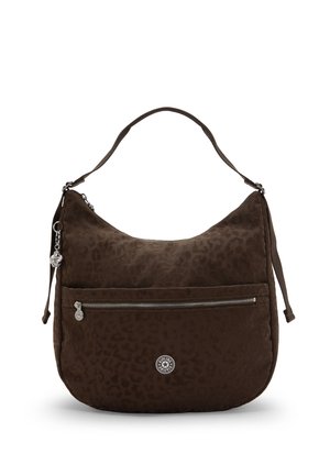 Borsa marrone trapuntata con motivo leopardato, tracolla singola, tasca frontale con zip e piccolo emblema rotondo con logo.