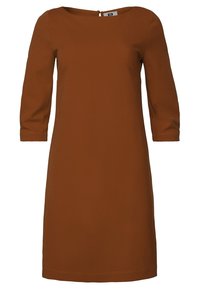 Brun knälång klänning med trekvartslånga ärmar, rund halsringning och en liten dragkedja bak. Mjukt, texturerat material med rak skärning.