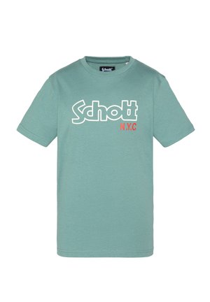 Grünes Kurzarm-T-Shirt mit weißem "Schott"-Logo und rotem "N.Y.C"-Text in der vorderen Mitte.