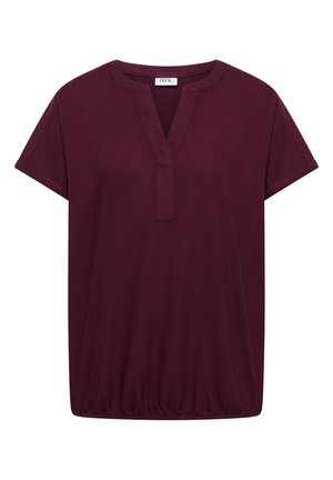Blusa de manga corta en color burdeos oscuro con escote en V y dobladillo elástico, etiquetada "CECIL".