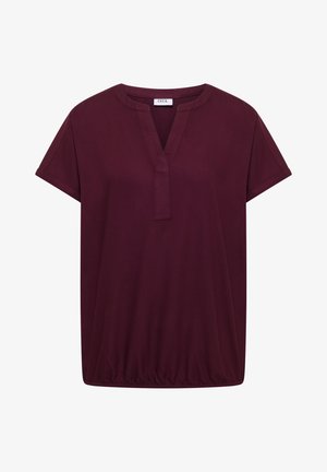 Dunkelburgunderrote Bluse mit kurzen Ärmeln, V-förmigem Ausschnitt und elastischem Saum, mit dem Etikett "CECIL".