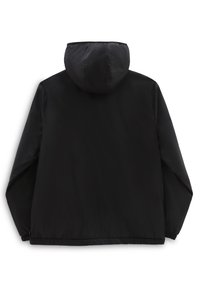 Schwarze, kapuzenbesetzte Jacke mit glatter, matter Oberfläche. Verfügt über elastische Bündchen und Saum, gestaltet mit lockerem Schnitt und ohne sichtbare Nähte.