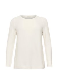 Top blanco de manga larga con escote redondeado, hecho de tela de canalé, que cuenta con un corte relajado y una textura suave. Diseño simple y versátil.