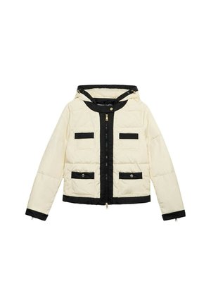 Cream puffer jacket with a black zip, hood, and pocket accents. Features a quilted texture, gold zipper, and contrasting black trim.