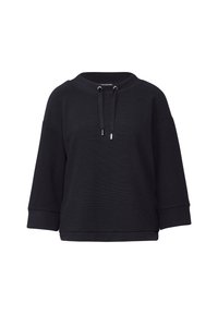 Svart sweatshirt med avslappnad passform, ribbstruktur, breda 3/4-långa ärmar och rund halsringning med dragskor och metallaccenter.