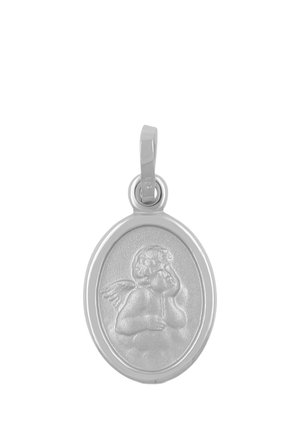 Ciondolo d'argento con una forma ovale che presenta un design a cherubino in rilievo, una superficie lucida e un anello per l'attacco.