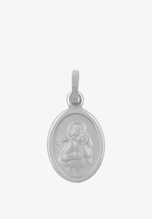 Silberanhänger mit ovaler Form, der ein erhabenes Cherub-Design, eine polierte Oberfläche und eine Schlaufe zur Befestigung aufweist.