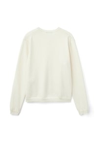 Béžová mikina, smíchaná bavlna, s dlouhými rukávy, žebrovanými manžetami, kulatým výstřihem a mírně zkráceným lemem. Měkká textura, bez vzorů.