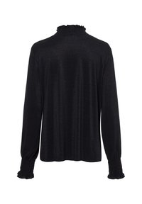 Schwarzes Langarmshirt mit rüschigem hochgeschlossenem Kragen und gesmokten Manschetten, von hinten betrachtet.