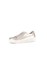 Metallic silver sneaker with a smooth texture, white rubber sole, round toe, lace-up design, and subtle stitching accents.