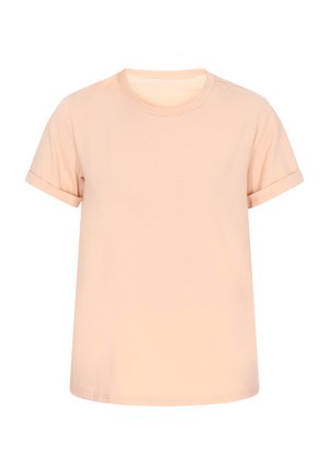 Lyse ferskenfarvet kortærmet bomuld T-shirt med rund hals og opkørte manchetter, vist på hvid baggrund.