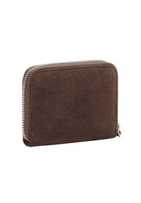 Brązowy portfel zamszowy o prostokątnym kształcie, z srebrnym zamkiem błyskawicznym dookoła krawędzi i miękką fakturą. Prosty, pozbawiony zdobień design.