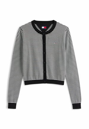 Cardigan à manches longues à rayures noires et blanches avec boutons, poignets et ourlet côtelés, arborant un petit logo Tommy Jeans sur la poitrine.