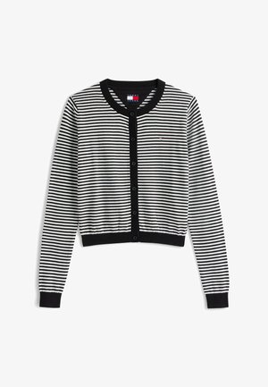 Sort-hvid stribet cardigan med knapper og lange ærmer, med ribstrikkede manchetter og kant, med en lille Tommy Jeans-logo på brystet.