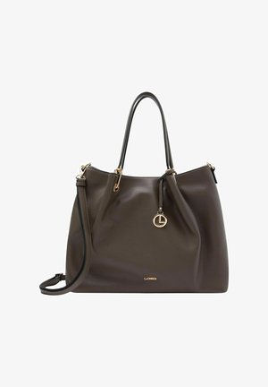 Brown textured leather handbag with dual handles, an adjustable shoulder strap, and a gold logo charm. Smooth surface with subtle sheen.