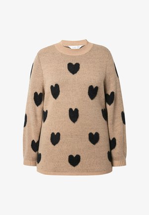 Maglione beige in morbido materiale lavorato a maglia con motivi a cuore neri. Caratterizzato da collo rotondo, maniche lunghe e polsini e orlo a coste.