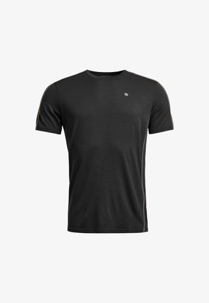 Black athletic T-shirt with short sleeves, round neckline, and subtle side accents. Made from lightweight, textured fabric. Logo on chest.