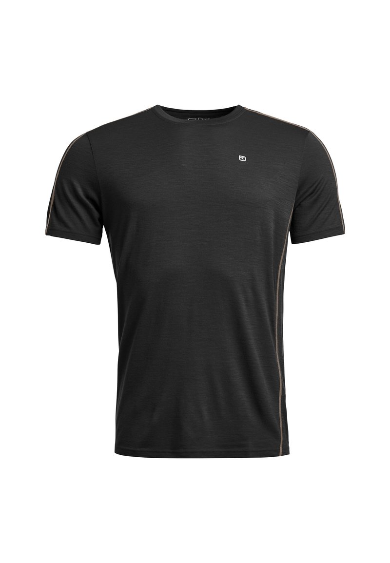 Black athletic T-shirt with short sleeves, round neckline, and subtle side accents. Made from lightweight, textured fabric. Logo on chest.