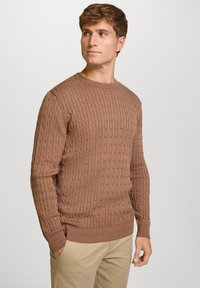 Mężczyzna w brązowym swetrze w warkocze i beżowych spodniach, stojący z jedną ręką w kieszeni, patrzący lekko w lewo.