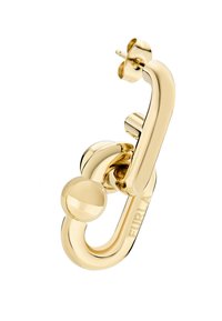 Boucle d'oreille dorée avec un design de chaîne liée, accent rond, texture lisse et fermoir à tige, marquée "Furla."
