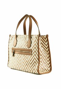 Borsa a spalla con motivo a zigzag beige e marrone, con dettagli in pelle marrone e una tasca frontale con zip. Dotata di doppi manici per il trasporto.