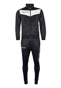 Black tracksuit made of smooth fabric. Zip-up jacket features white accent and GIVOVA logo. Matching fitted pants with logo on the side.