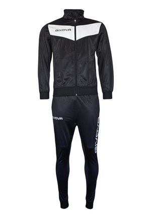 Sorte tracksuit lavet af glat stof. Jakken med lynlås har hvid detalje og GIVOVA-logo. Matchende tætsiddende bukser med logo på siden.