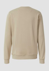 Béžová mikina, zmes bavlny, kruhový výstrih, dlhé rukávy, ribovaná manžeta a lem, hladká štruktúra, bez grafiky alebo ozdôb.