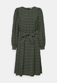 Vestido a cuadros verde y negro con mangas largas, escote redondo y cintura ajustada. Presenta una falda acampanada y una tela texturizada.