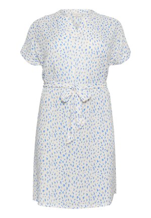 Korte mouwen jurk van lichtgewicht stof, met een witte achtergrond en blauwe bladvormige patronen en een strikdetail in de taille.