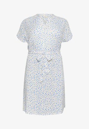 Kurzes Kleid aus leichtem Stoff, mit einem weißen Hintergrund und blauen blattähnlichen Mustern sowie einem gebundenen Taillendetail.