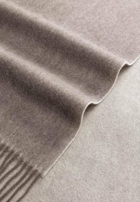 Soft wool scarf in light taupe, featuring a smooth, textured surface and fringed edges, showcasing gentle waves and hand-finished details.