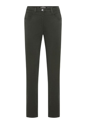Pantalons slim-fit vert foncé en tissu doux, avec un design classique à cinq poches, des passants de ceinture et une fermeture à bouton à l'avant.