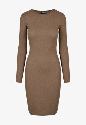 Robe à manches longues côtelée d'une riche couleur marron. Dotée d'un col rond et d'une silhouette ajustée, fabriquée en tissu tricoté extensible.