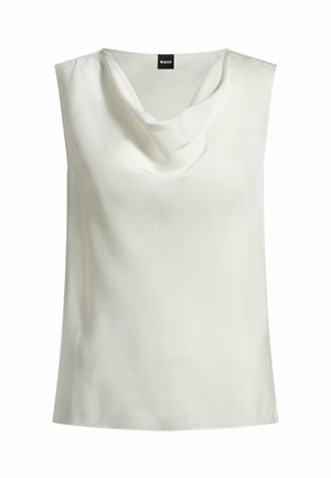 White sleeveless top with a draped cowl neckline, made of smooth fabric. Features a subtle sheen and a straight hemline. Brand label visible.