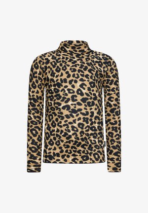 Maglia a maniche lunghe con collo alto, in tessuto a coste, con motivo leopardato nei colori marrone, nero e bianco.