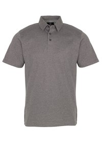 Polo gris en tissu texturé. Doté d'un col, d'une patte de boutonnage à trois boutons et d'un logo discret sur la poitrine gauche.
