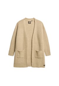Beige gebreide open voorkardigan met lange mouwen en twee voorkruiszakken, weergegeven op een witte achtergrond.