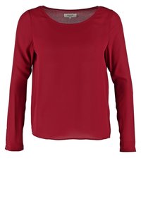 Blouse rouge à manches longues pour femmes avec encolure ronde et tissu lisse, étiquette de marque Zalando à l'intérieur du col.