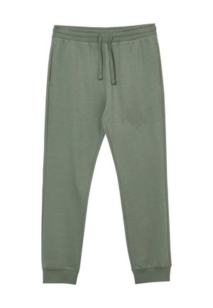 Grüne Jogginghosen aus weichem Stoff mit einem elastischen Bund, seitlichen Taschen und elastischen Bündchen an den Knöcheln.