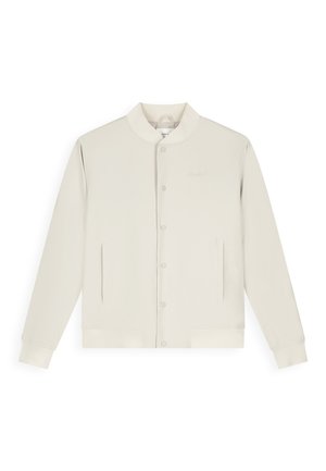 Light beige bomber jacket with snap buttons, ribbed collar and cuffs, and two front slit pockets.