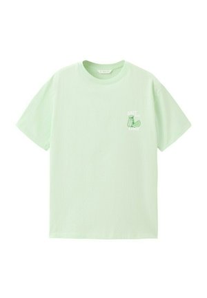 Svetlozelené tričko s krátkym rukávom s malým klinom limetky a grafikou soľničky a textom „Salt and Lime“ na ľavej strane hrude.