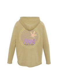 Sweat à capuche beige avec un motif circulaire brodé au dos, comprenant le texte "SUGAR", des vagues et un dessin de feuille en broderie violette et jaune. Texture douce.